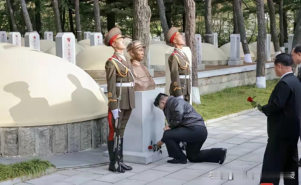 刚刚看到，金正恩手拿一枝花在毛岸英烈士墓前单膝下跪，神情严肃。此刻，他的内心应该