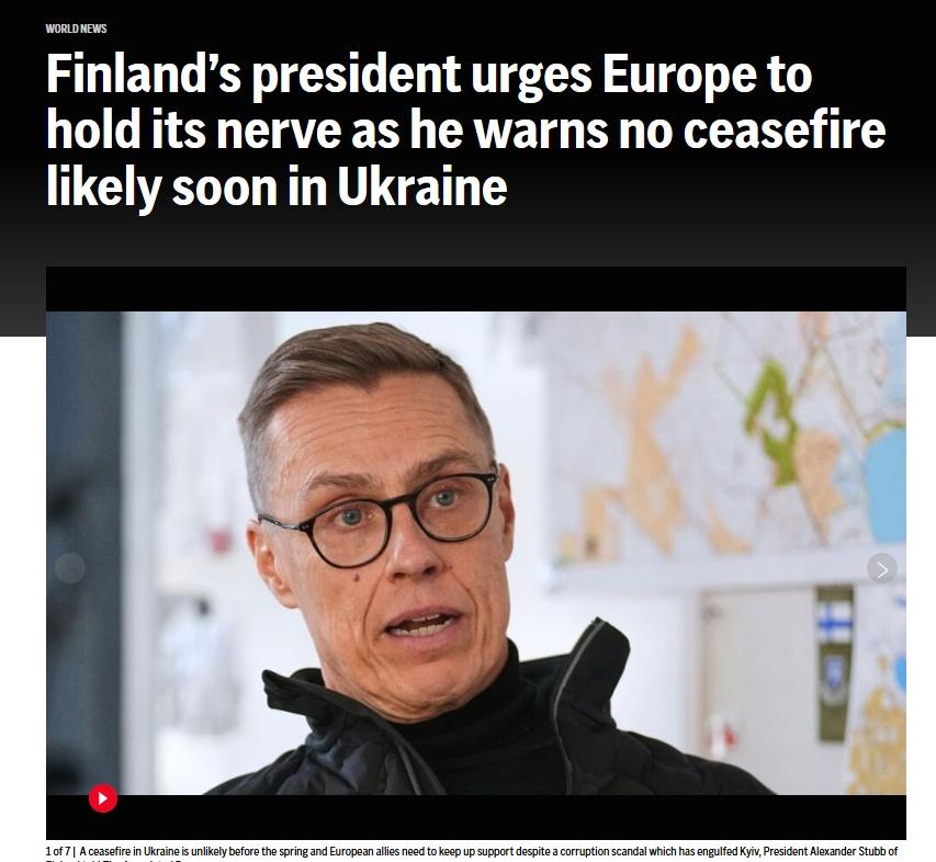 芬兰总统斯图布表示，在春季之前实现俄乌战争 停火的可能性不大。他呼吁欧洲国家坚持