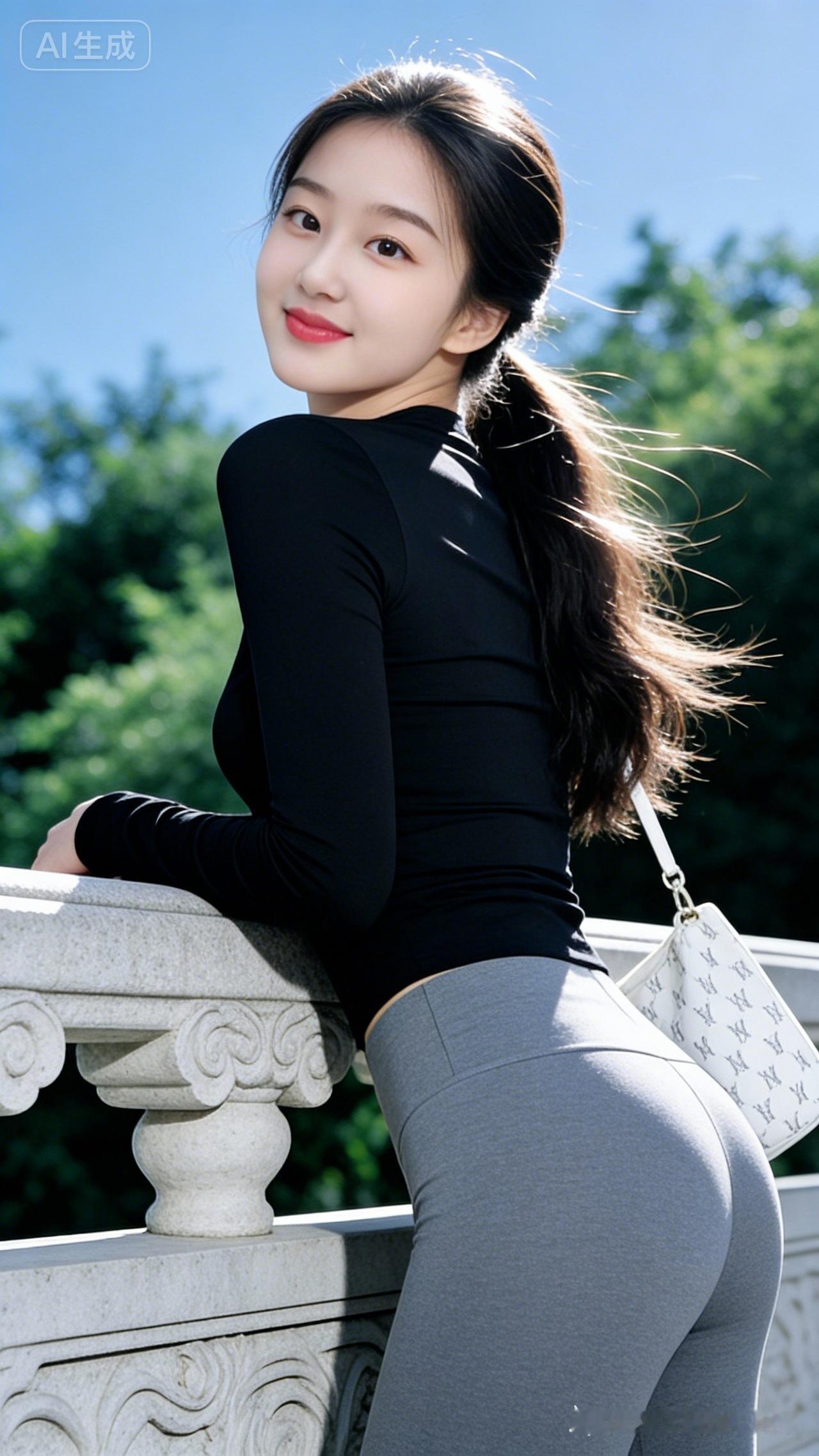 一身黑修身长袖与灰紧身裤，勾勒出流畅的曲线，是显身材却不张扬的性感。手中那只提白