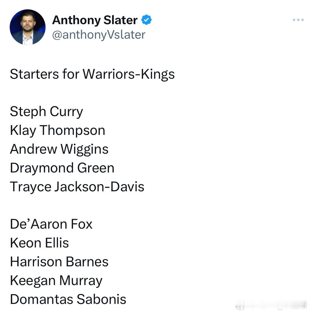 生死一战首发勇士：库里 汤神 维金斯 追梦 土鸡蛋国王：福克斯 艾利斯 巴恩斯 