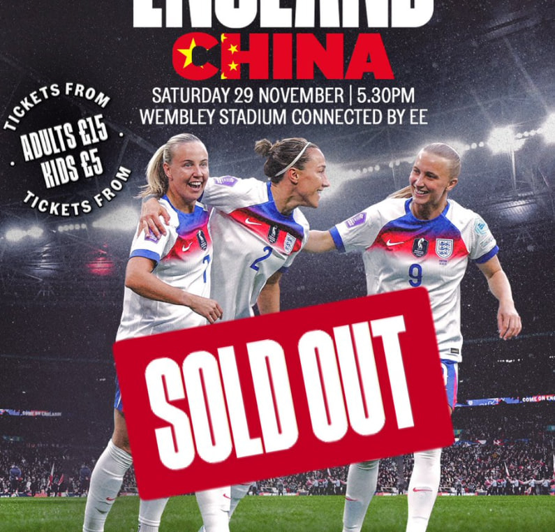 中国女足明晚在温布利对阵英格兰女足，球票现已销售一空11月28日讯北京时间11月