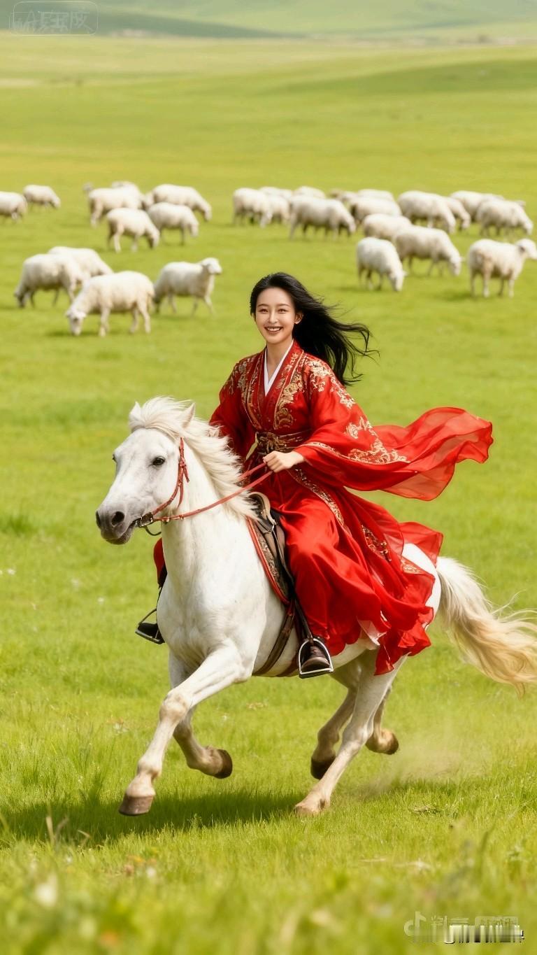 草原上的红衣少女，骑着白马，自由奔跑草原白马少女 草原骑马女