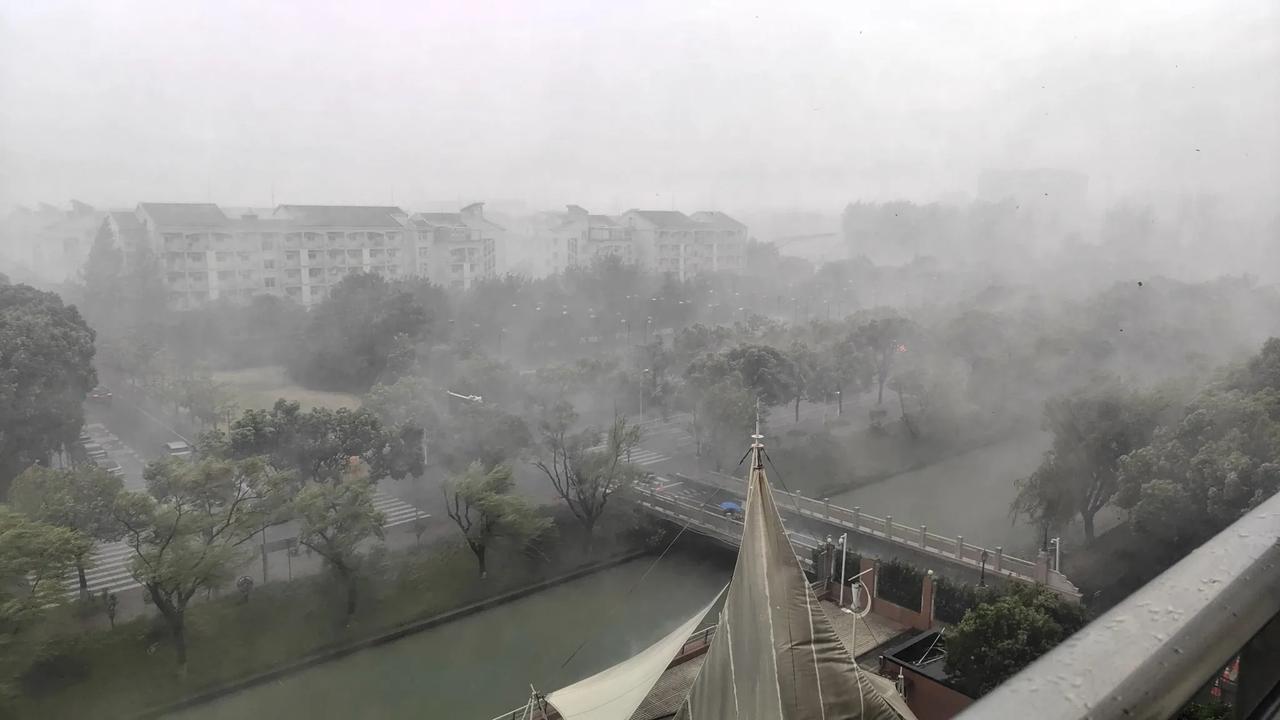 8月25日下午两时，在上海闵行区，天空突然变暗，狂风大作，暴雨倾盆，雷电交加，风