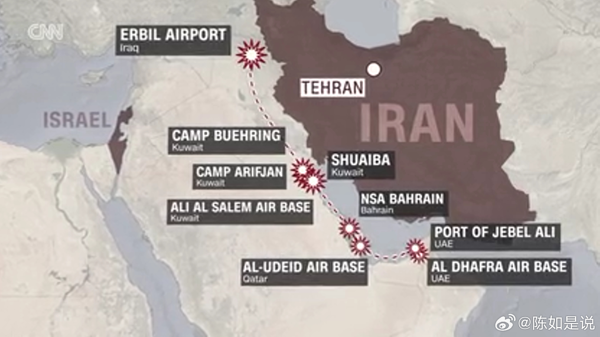 CNN作了个小专题，介绍海湾那一圈，美军基地被攻击的情况，有地面照片，有卫星照片