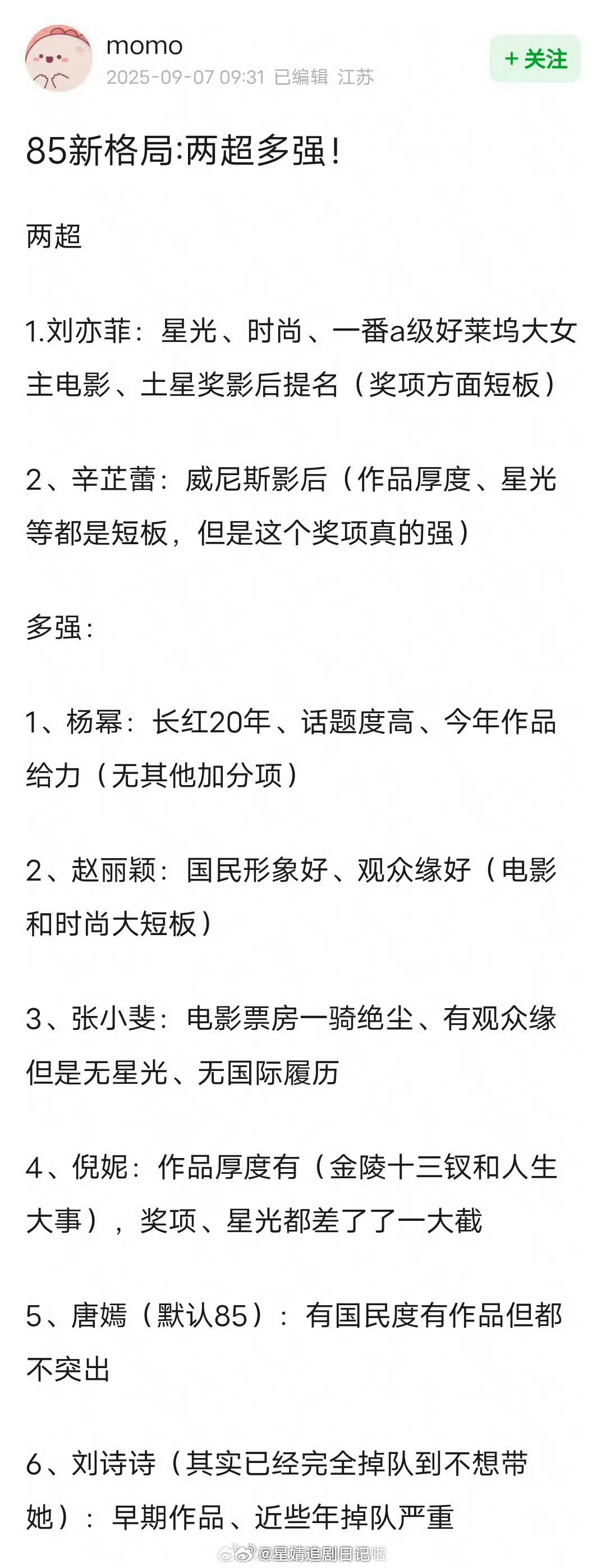 85花新格局两超多强两超：刘亦菲、辛芷蕾多强：杨幂、赵丽颖、张小斐、倪妮、唐嫣、