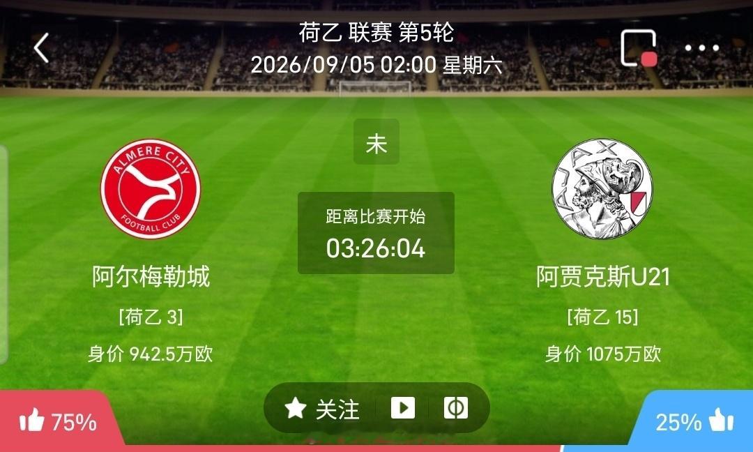 【北单】周五31荷乙方向：阿尔梅勒vs阿贾青年荷乙 阿尔梅勒 VS 阿贾青年比赛