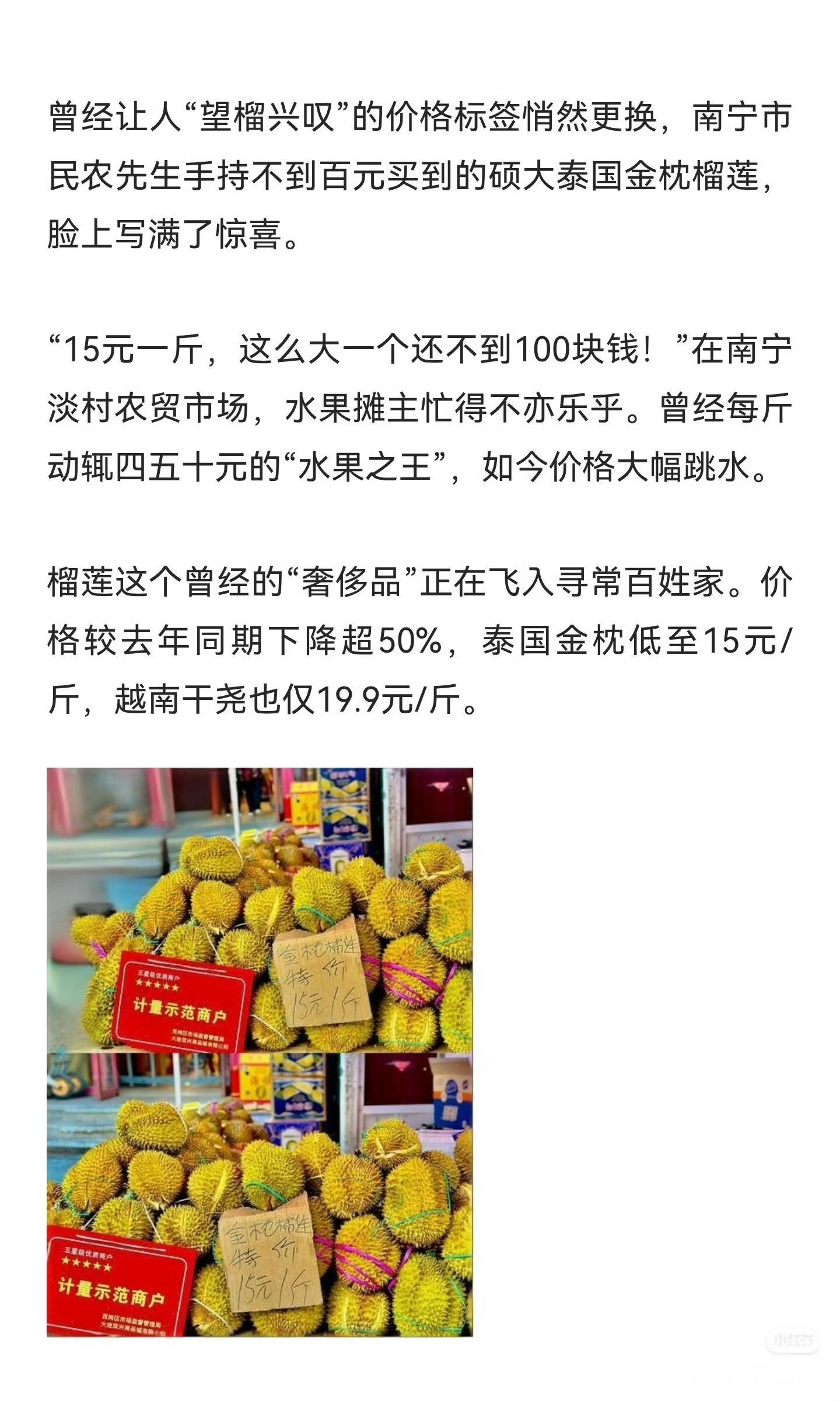 国内多地榴莲零售价普遍跌破20元一斤，批发市场低价货源甚至下探至13元左右，对比