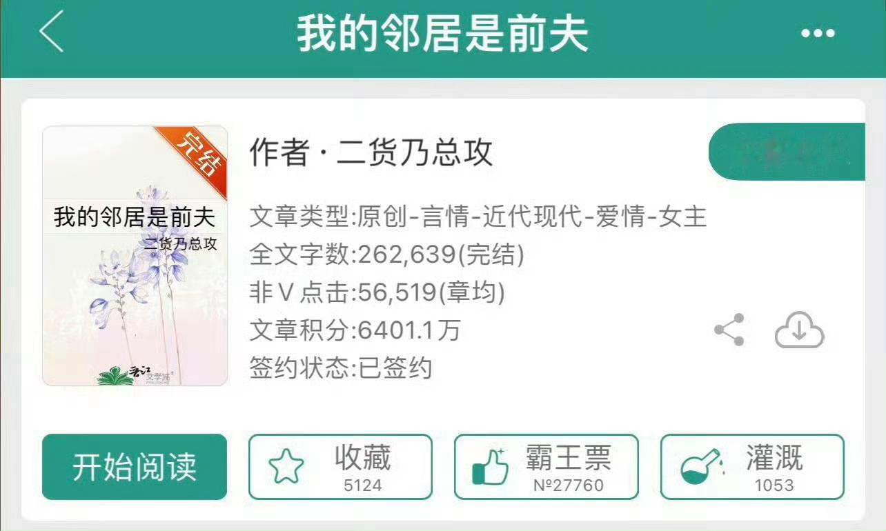 小说推荐：《我的邻居是前夫》作者:二货乃总攻简评：卑微隐忍女主vs高冷帅气男主，