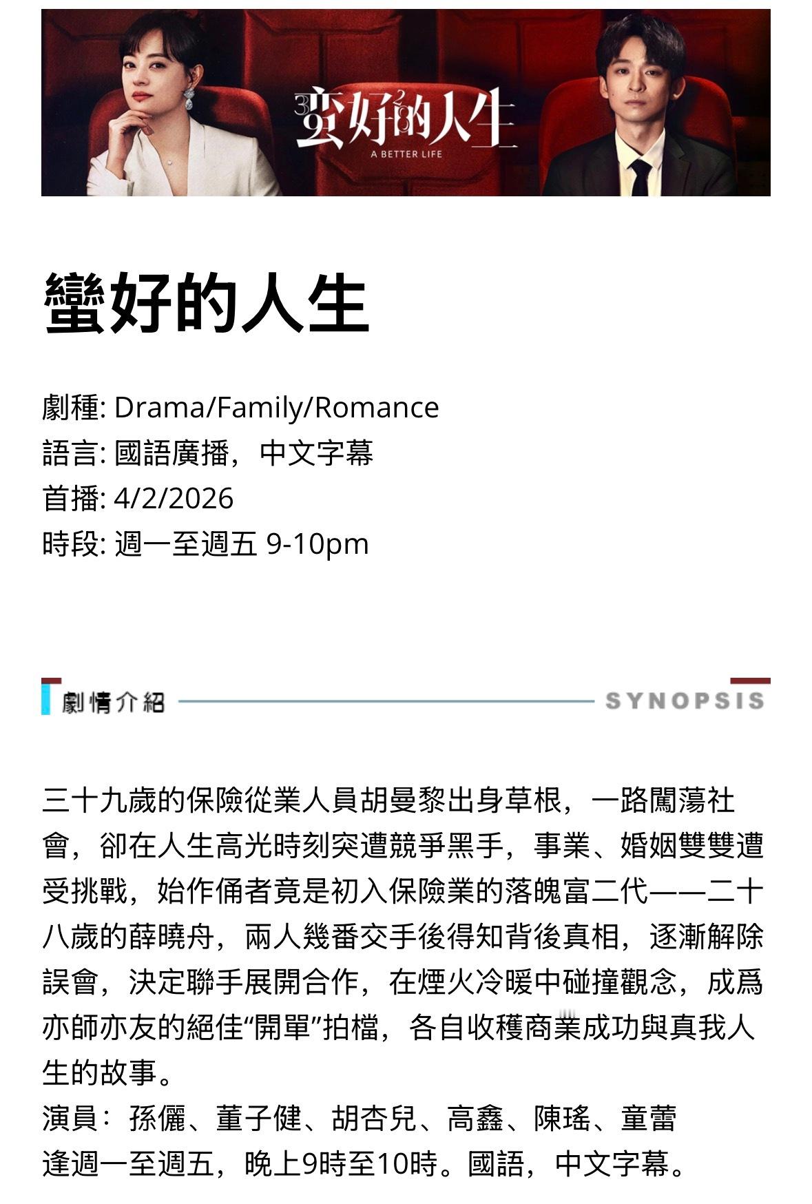 【美国资讯:蛮好的人生美国播出 】孙俪、董子健领衔主演，胡杏儿、高鑫、陈瑶、徐崴