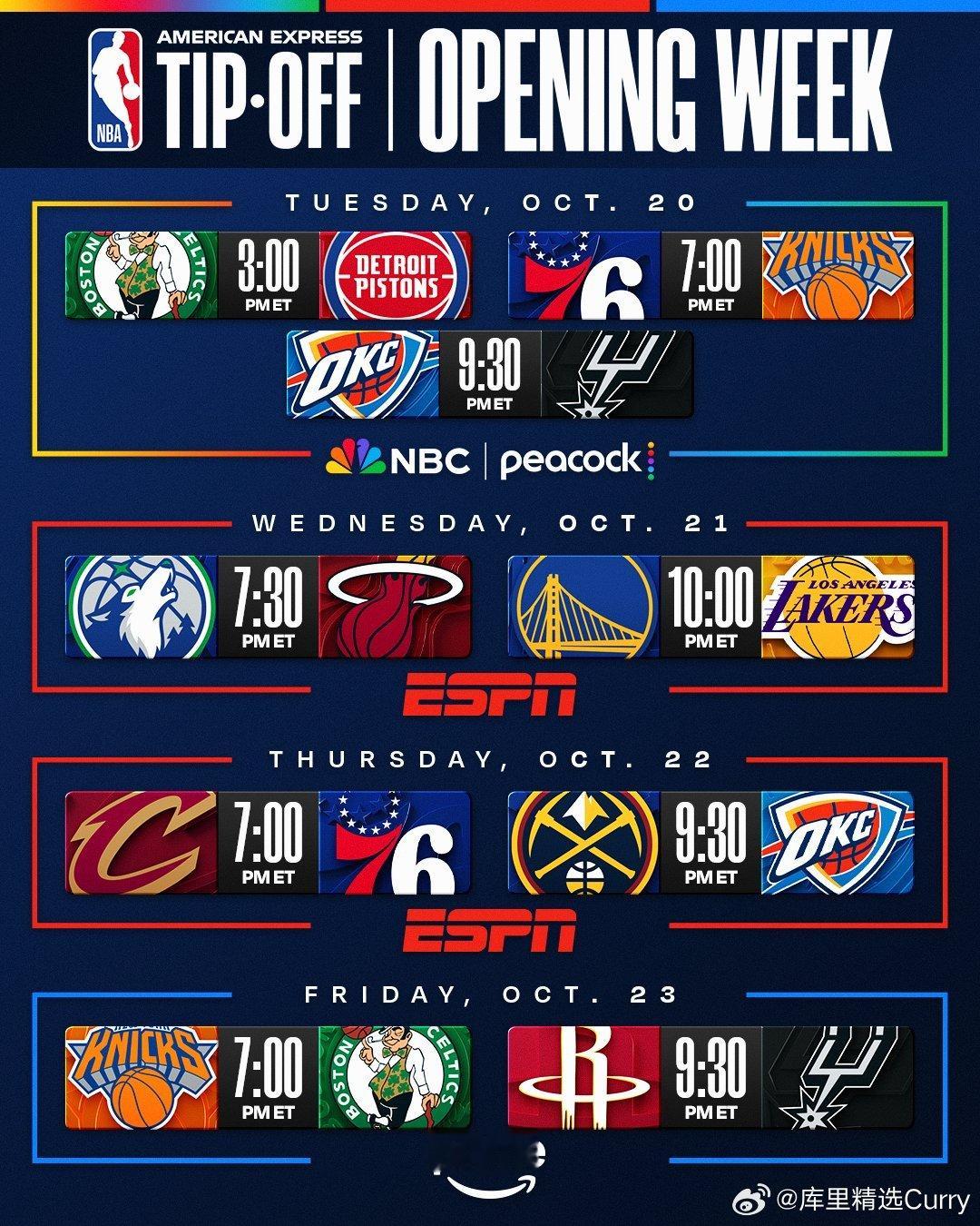 NBA2026-27赛季揭幕周对阵情况：10月21日：凯尔特人 vs 活塞76人