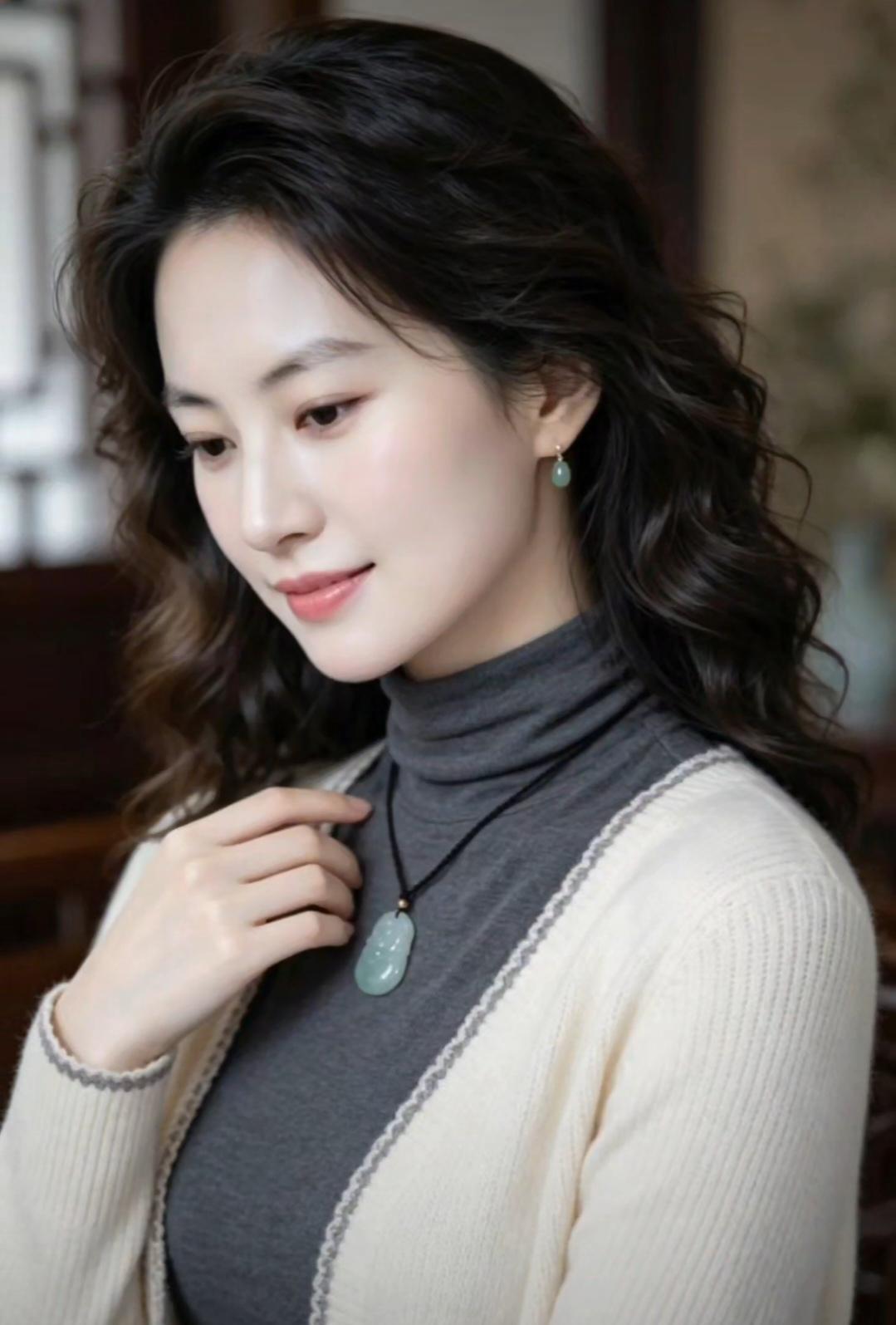 这位女士戴着绿色吊坠，看着很温柔。