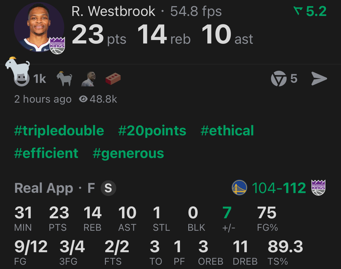 国王生涯第8场，韦少赛季第一次三双，生涯第204次三双，三分4中3[并不简单]勇