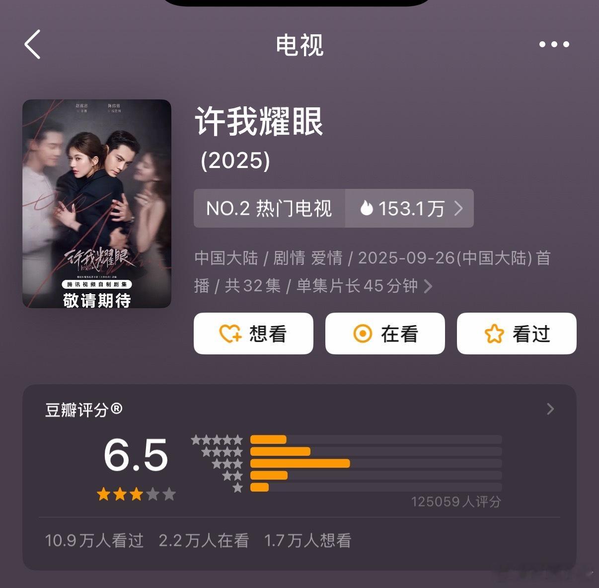 赵露思陈伟霆《许我耀眼》豆瓣开分6.5，12W➕人打分！ ​​​