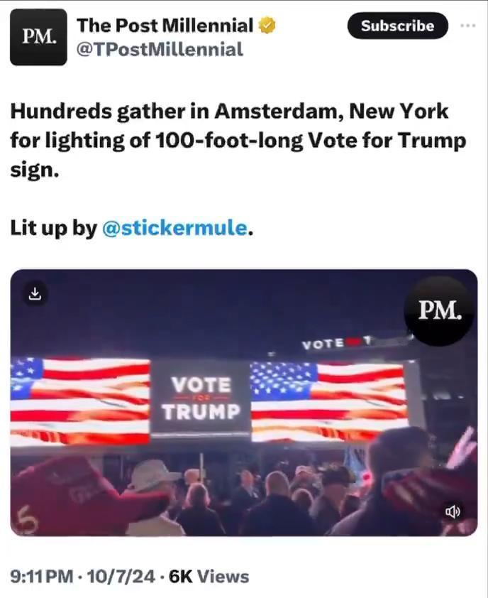 民主党陷入恐慌！纽约阿姆斯特丹市内出现了100英尺高的“投票支持特朗普”发光标志