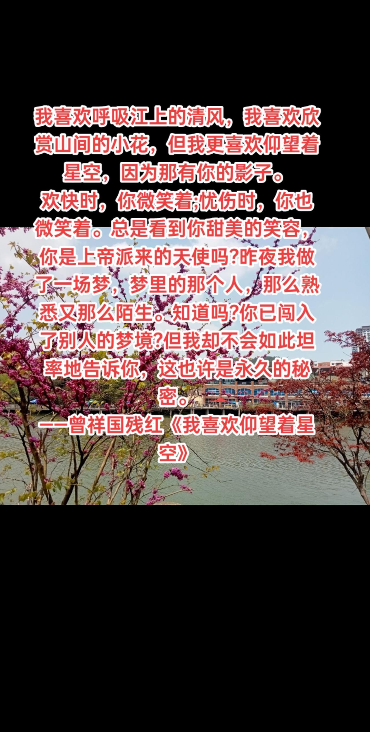 我喜欢呼吸江上的清风，我喜欢欣赏山间的小花，但我更喜欢仰望着星空，因为那有你的影