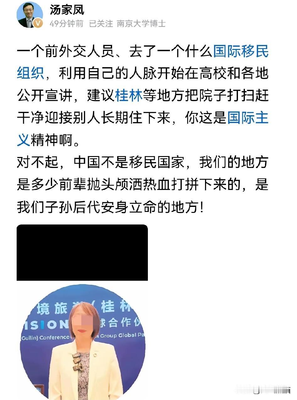汤家凤呼吁，别拿移民那些套路来硬套咱们！
最近有个在国际移民组织工作的人员到处宣