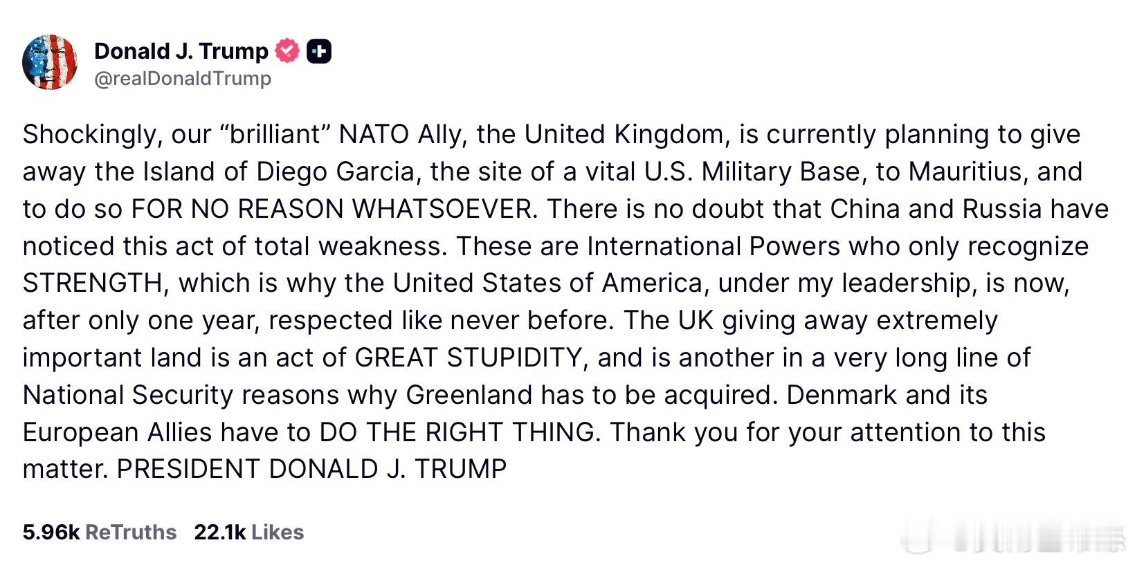 川普：令人震驚的是，我們「傑出」的北約盟友——英國，目前正計劃將迪戈加西亞島（D