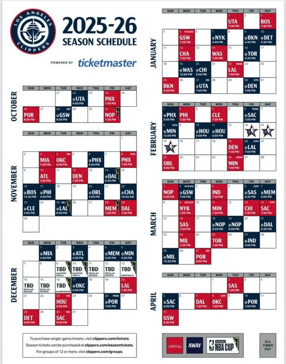 📅快船新赛季赛程表背靠背比赛共15次洛杉矶快船 ​​​