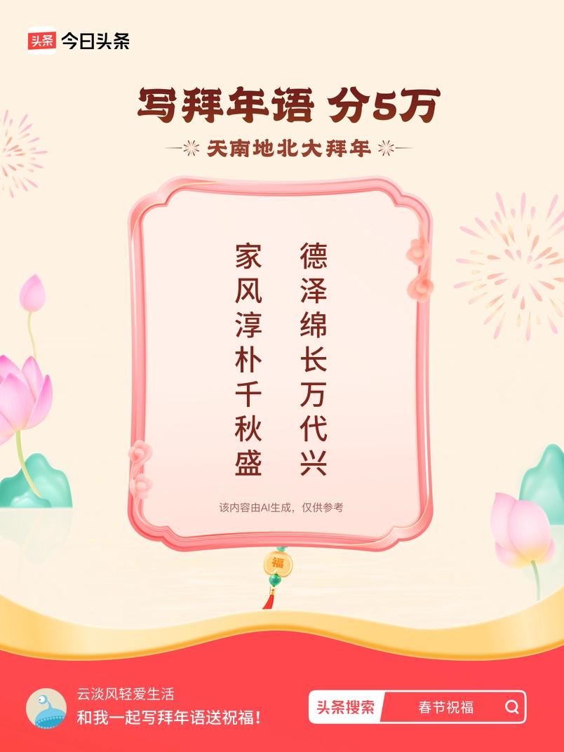 写拜年语送祝福新春拜年送祝福！我的祝福是：“家风淳朴千秋盛，德泽绵长万代兴”！快