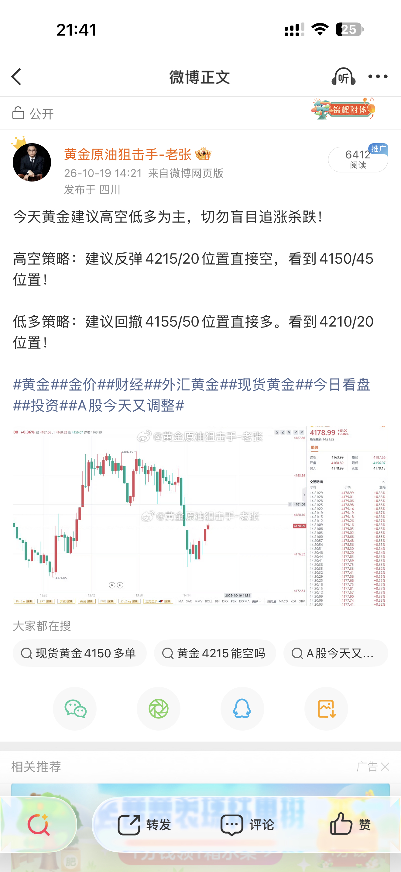 场外跟单者注意多单位置，极限跌幅延伸4145-40位置企稳看反弹！黄金金价财经现