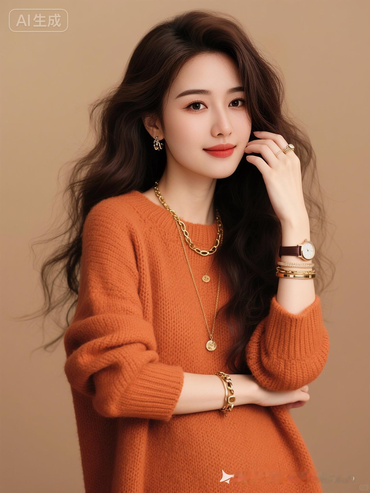 温柔优雅的秋日穿搭，金色饰品点缀，尽显时尚魅力！