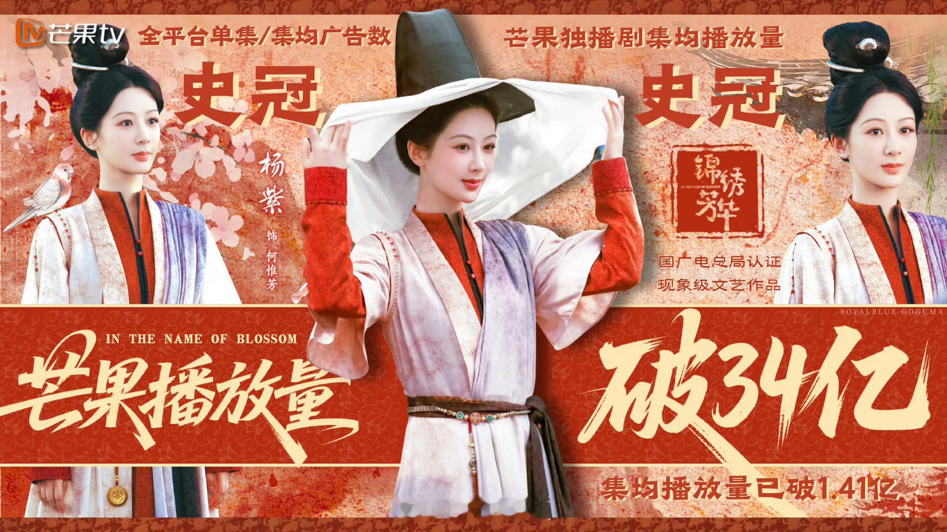 恭喜杨紫锦绣芳华在芒果TV播放量破34亿，集均播放量破1.41亿，国家广电总局认