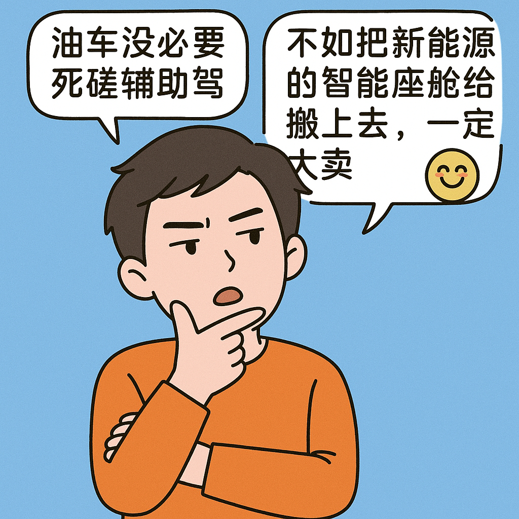我觉得油车没必要死磕辅助驾驶，再死磕也闭不上新能源，不如把新能源的智能座舱给搬上