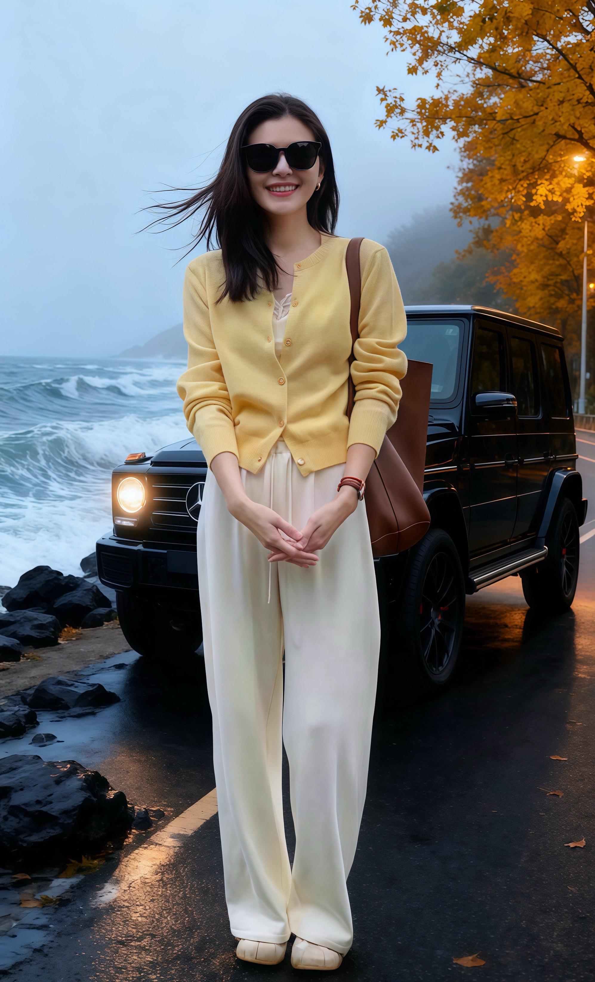 《海雾与秋黄》沿海公路的雾气还未散尽，林微把黑色大G停在路边时，浪正拍...