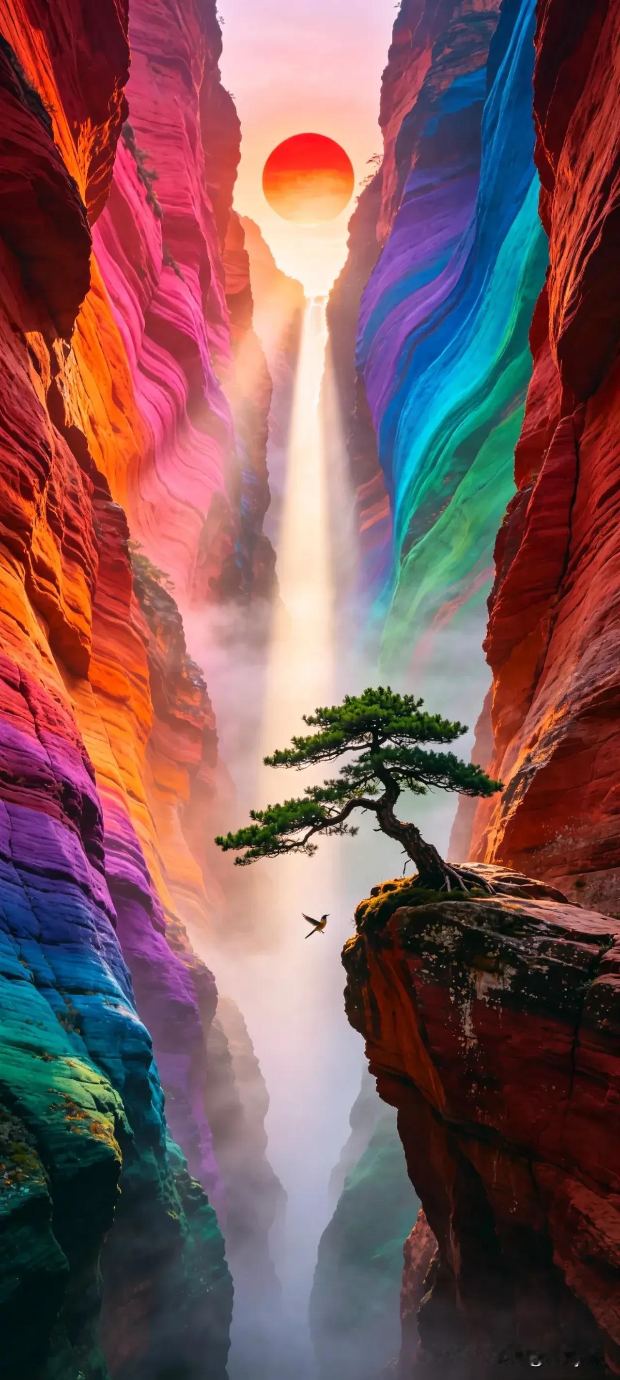 山涧中的瀑布，同松树相映成趣，自然瀑布风光美景图。