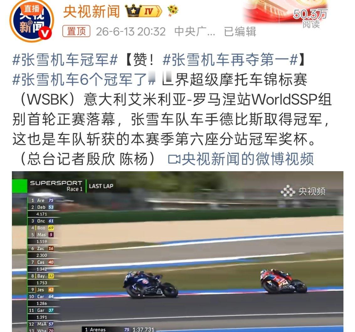 张雪机车再夺第一从3月28号第一冠，到现在6月13号第6冠，77天拿下6个冠军，