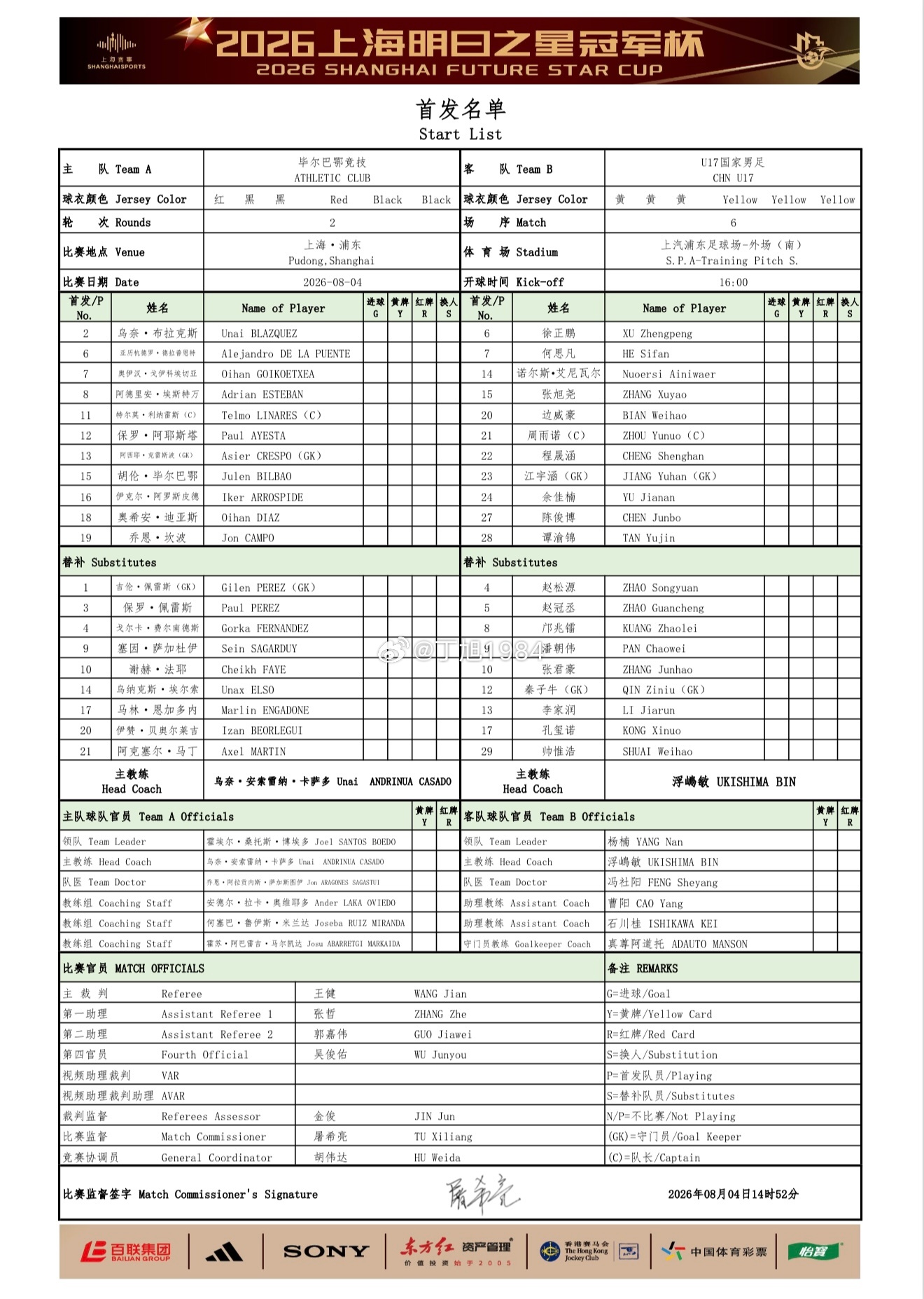 2026上海明日之星冠军杯小组赛第二轮毕尔巴鄂竞技U-17男足 vs 中国U-1