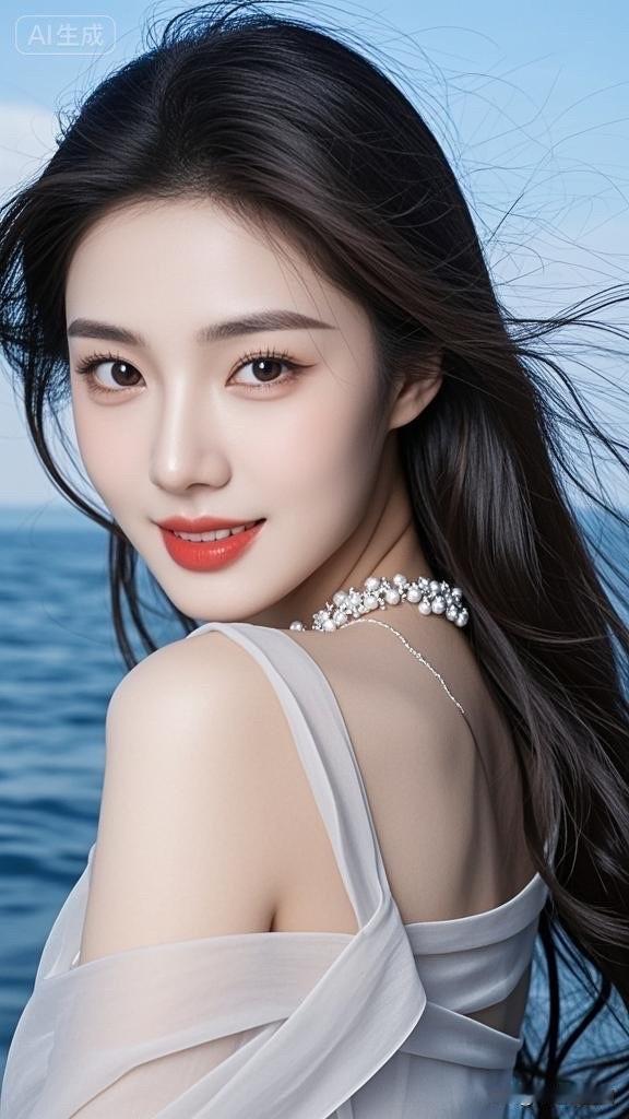 海边少女，轻盈飘逸，珍珠耳环，甜美动人