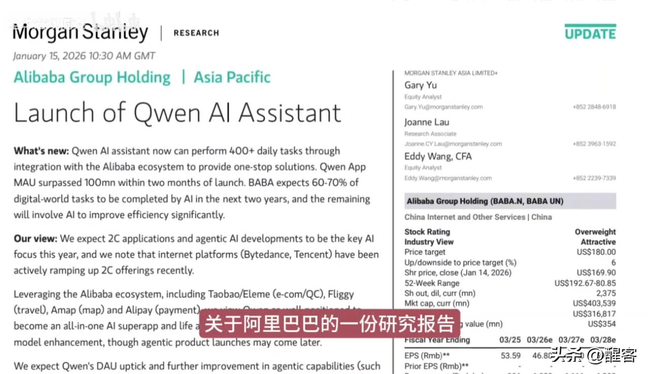 摩根斯坦利：阿里巴巴成为中国AI投资的首选，全栈能力铸就长期优势。

摩根斯坦利