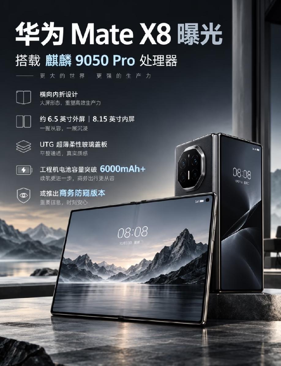 华为Mate X8爆料速览
 
   网传华为Mate X8折叠屏新机信息曝光，