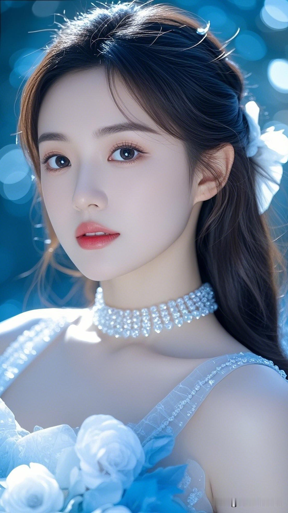 梦幻蓝调少女，闪耀珠宝项链，浪漫花海背景优雅自信穿搭分享