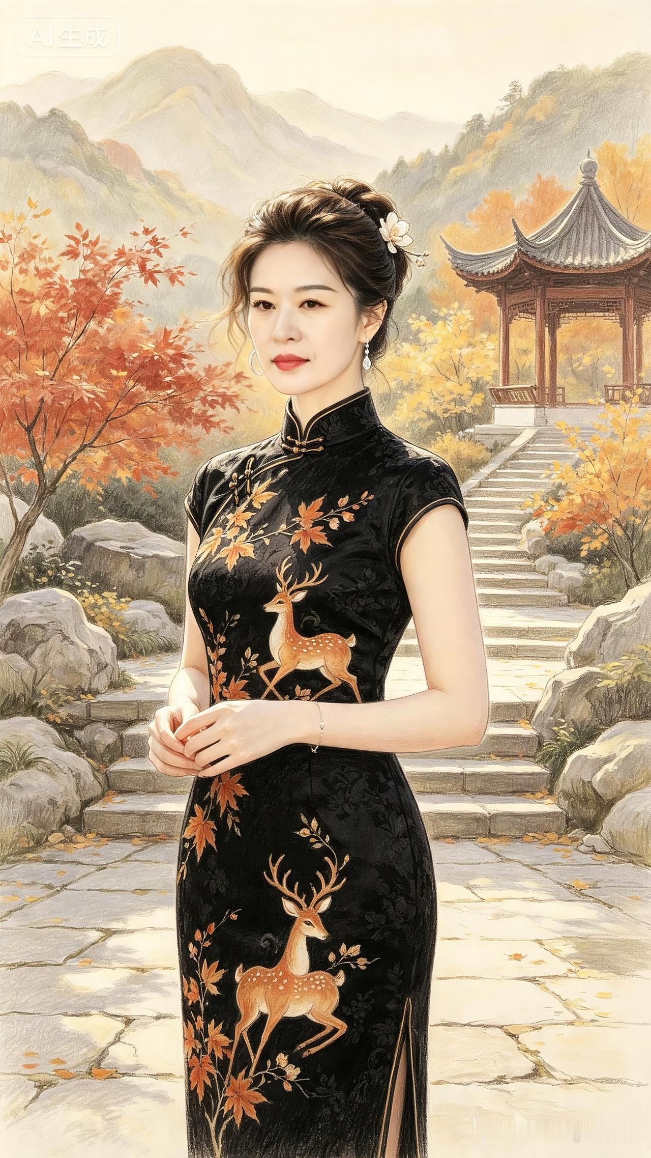 秋亭丽影
丹枫映径镀秋晖，玄锦旗袍立石扉。
绣鹿轻盈添锦韵，盘衿婉转蕴清薇。
亭