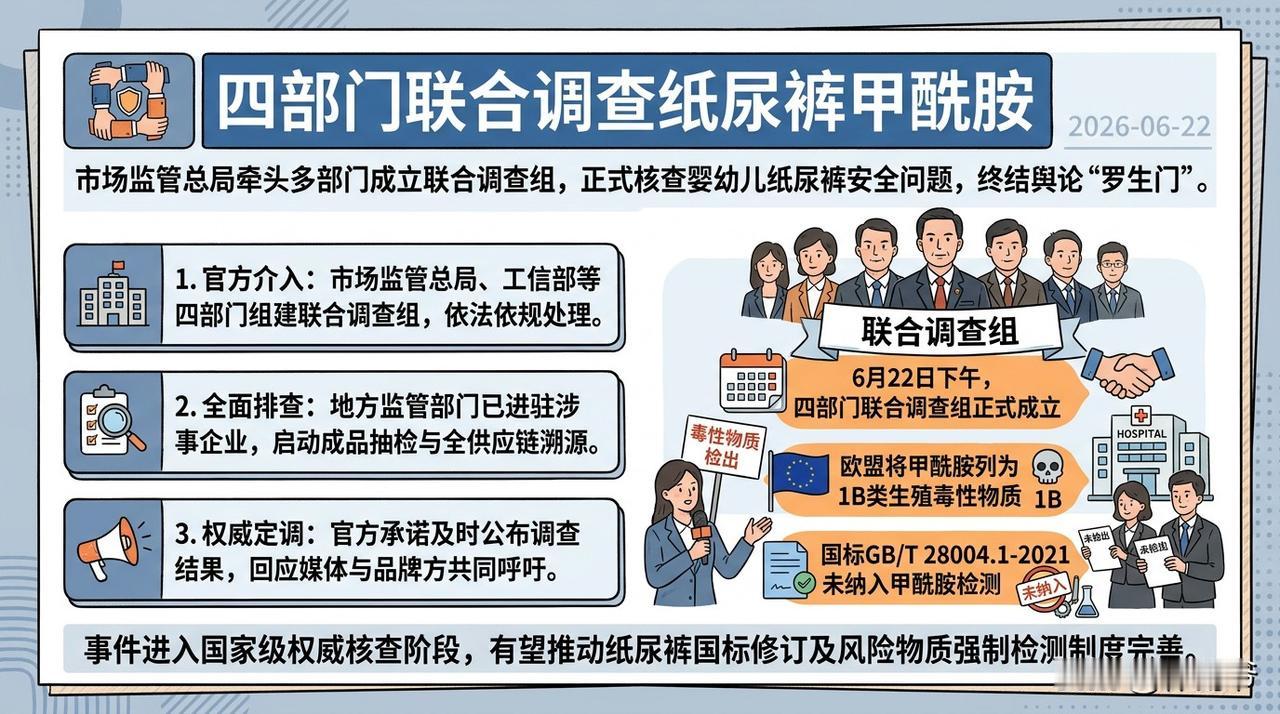 多部门调查纸尿裤甲酰胺问题！
2026年6月22日，市场监管总局、工业和信息化部
