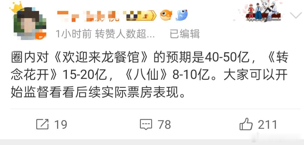 圈内预测欢迎来龙餐馆票房40亿 有电影博主发帖称:“圈内对《欢迎来龙餐馆》的预期