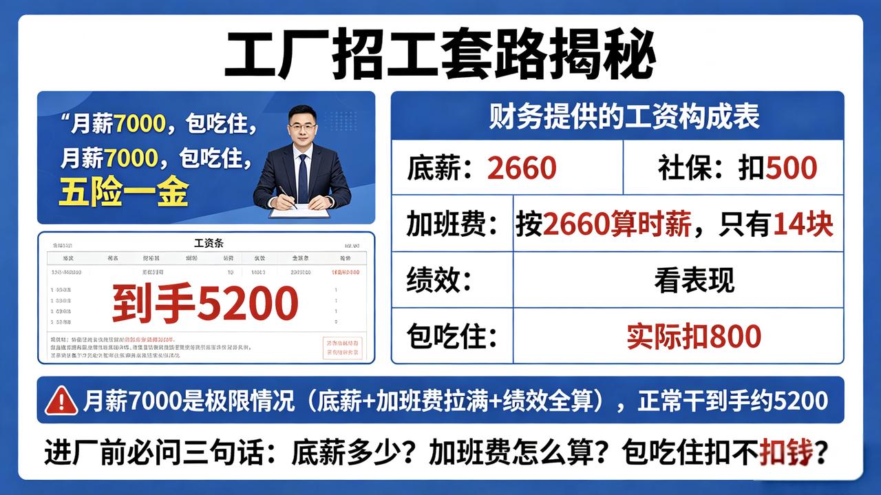 工厂招工写的"月薪7000"，到手才发现是坑
招工广告上写着：月薪7000，包吃