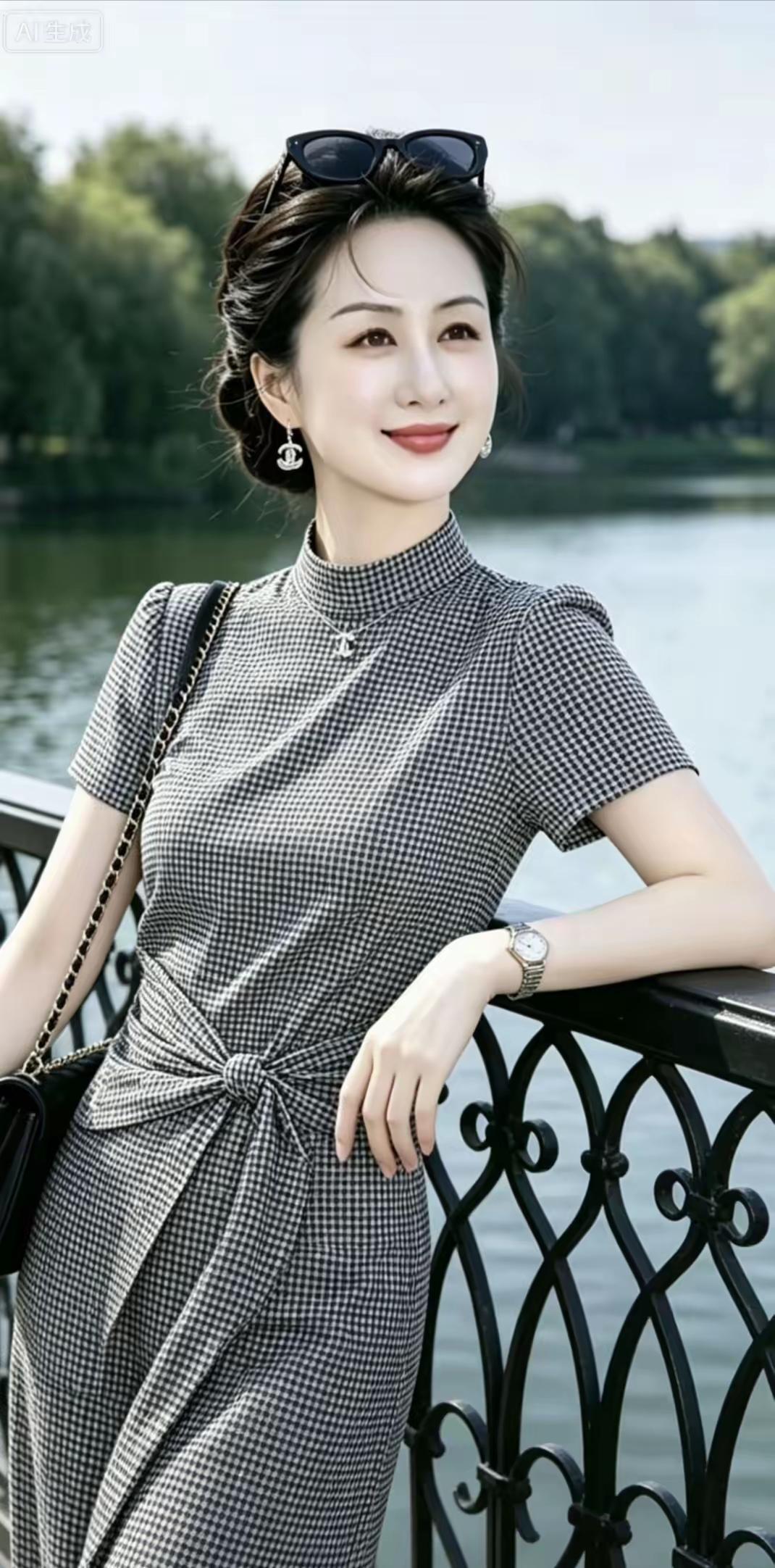 这位女士穿着时尚的格子裙，靠在湖边栏杆上。