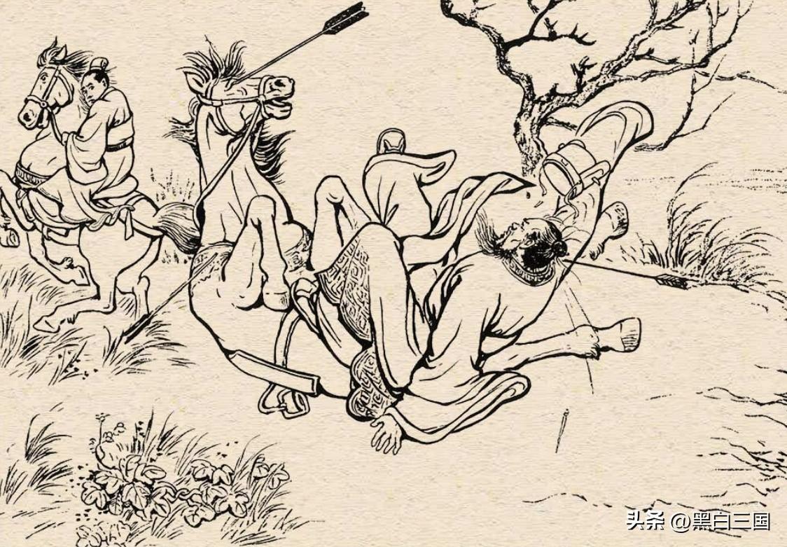 曹操似乎正在经历什么可怕的逃难。他的坐骑很不巧地被敌人的箭矢射中眼珠子，吃痛将曹