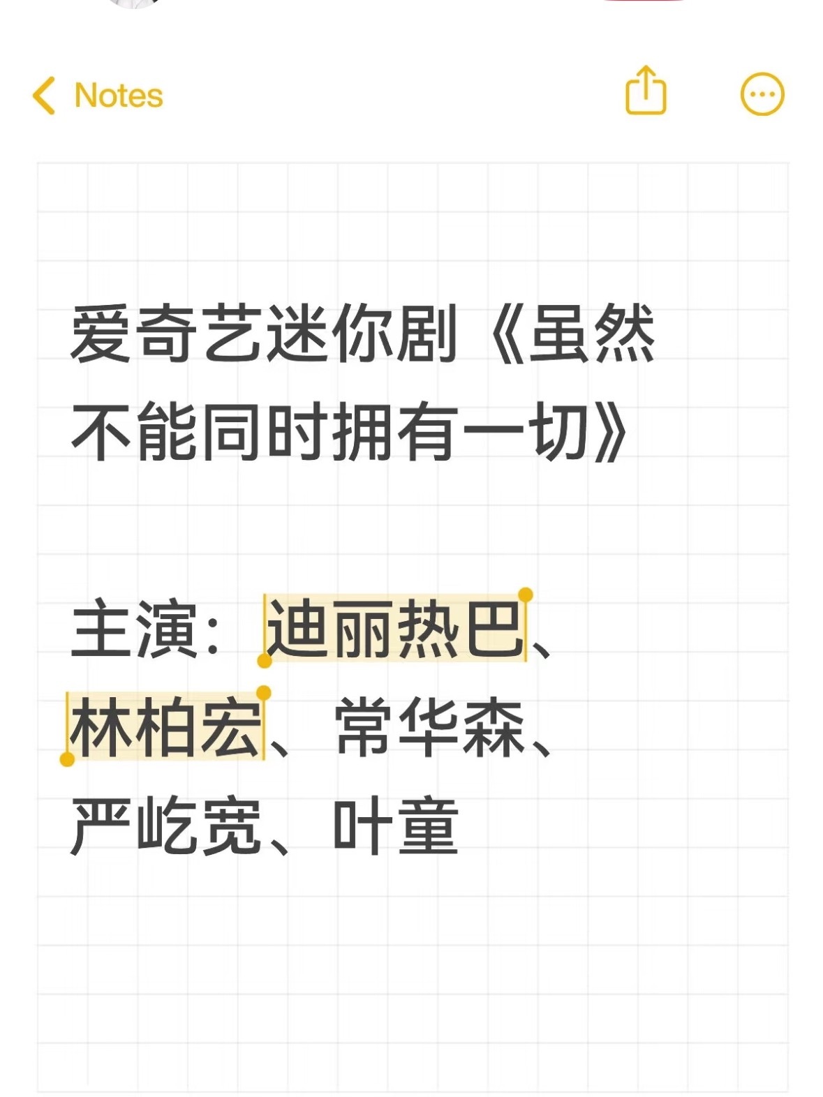 迷你剧《虽然不能同时拥有一切》主演：迪丽热巴、林柏宏、常华森、严屹宽、叶童 ​​