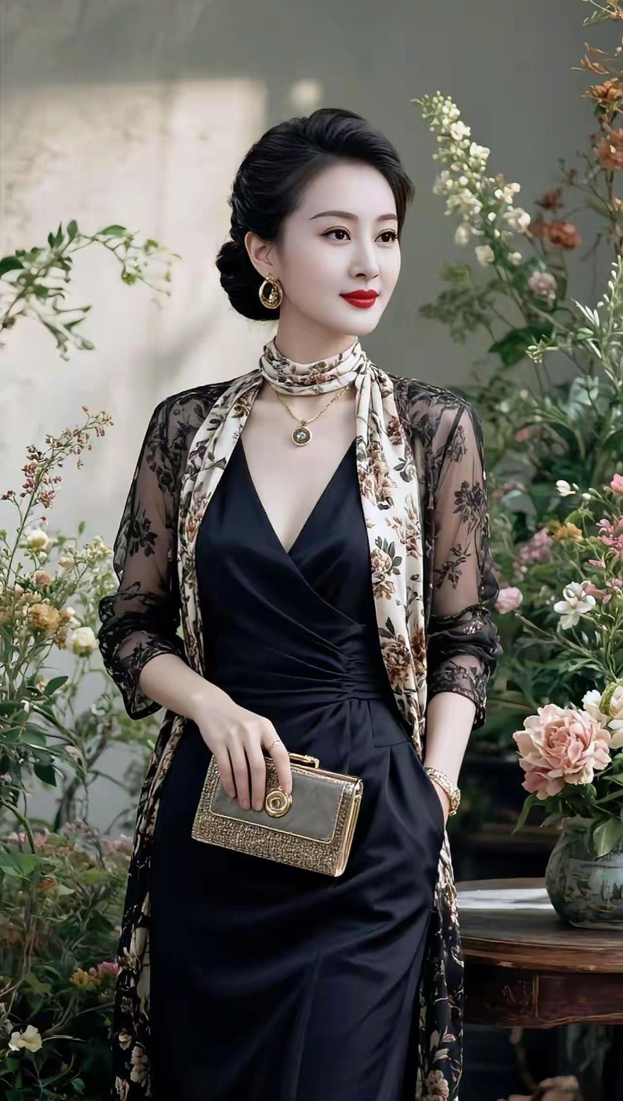 优雅黑裙搭配花边披肩，复古手包点缀，花海中的时尚女王