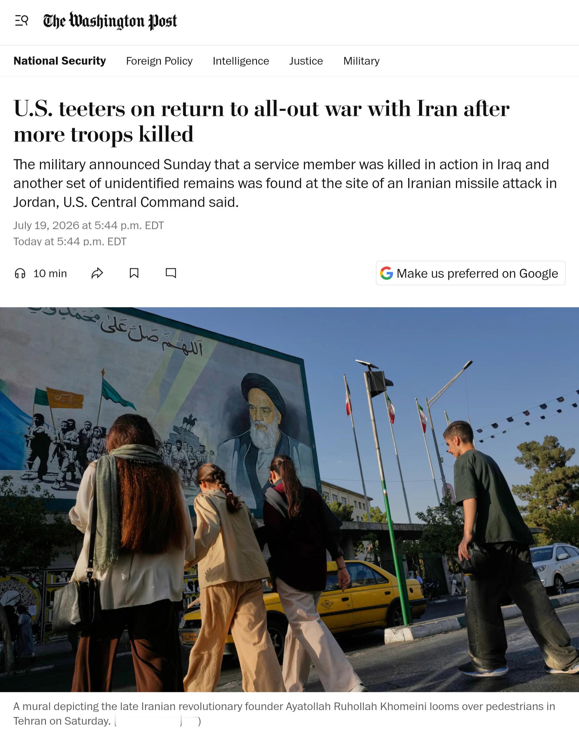 据华盛顿邮报。美国与伊朗一周前战事再度爆发以来，已有至少3名、也可能达到4名美军