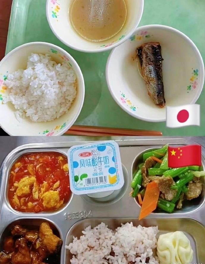 日本网友又开始晒中日学生餐的对比，并表示受不了这个落差。对比图中，日本的学生餐不