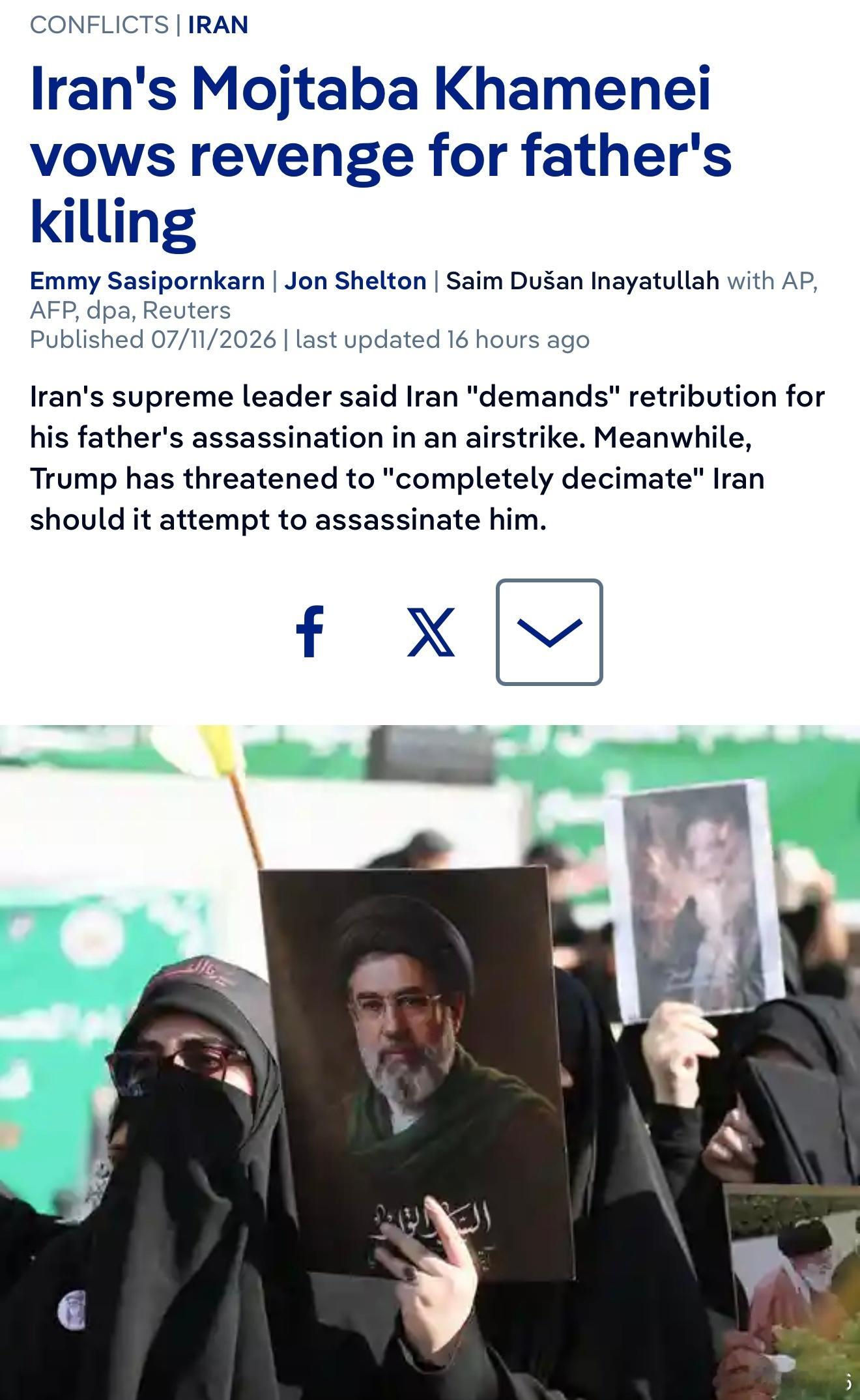伊朗最高領袖之子威脅報復特朗普等人，稱將為父親之死復仇伊朗最高領袖 阿里・哈梅內