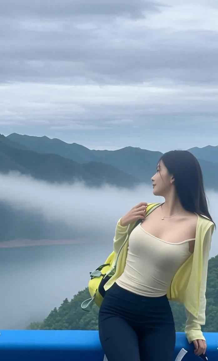 云海翻腾处，佳人倚栏杆。
在山峦云雾间，她背着行囊伫立。那望向远方的眼神，似藏着