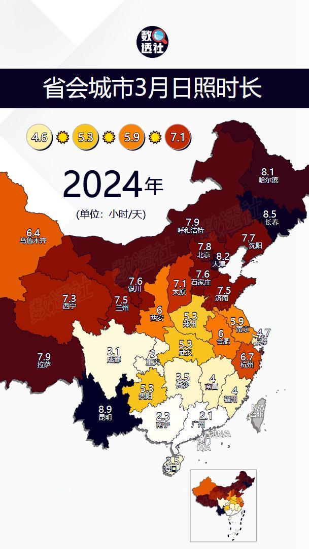 省会城市3月日照时长