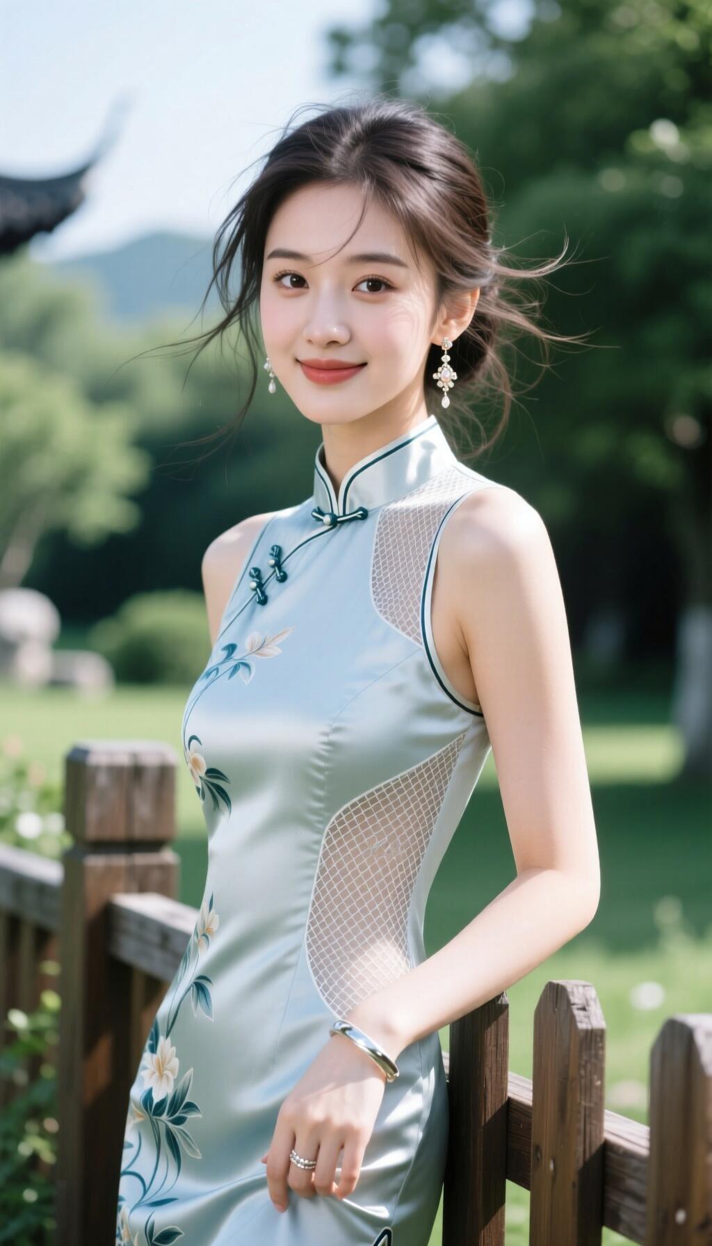 优雅旗袍，绿意盎然，清新自然，尽显东方韵味。