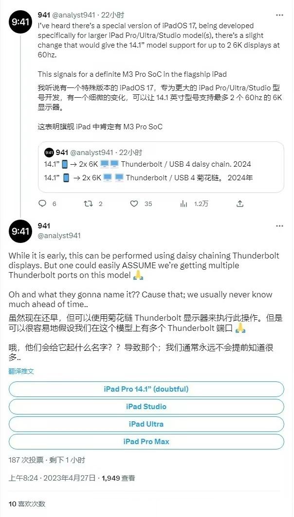 消息称苹果明年将推14.1英寸iPad Pro，可外接2台6K显示器 根据国外科